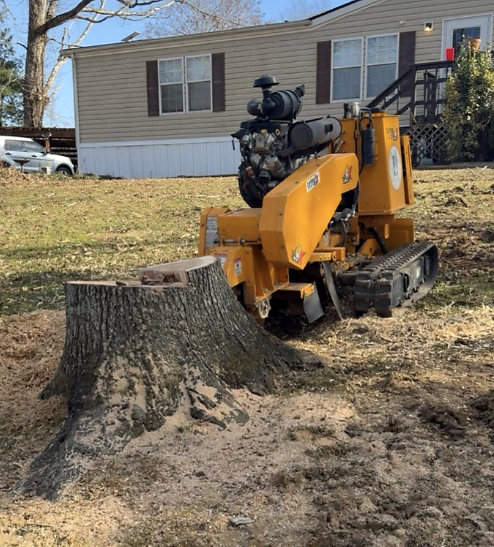 Grinder taking down a stump beside a driveway